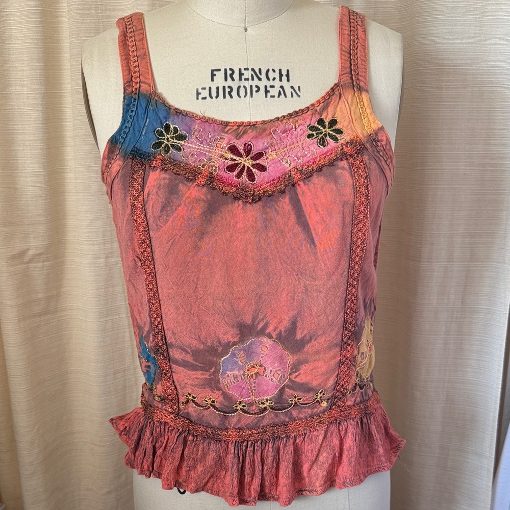Boho Floral Embroidered Pink Tie-Dye Tank Top